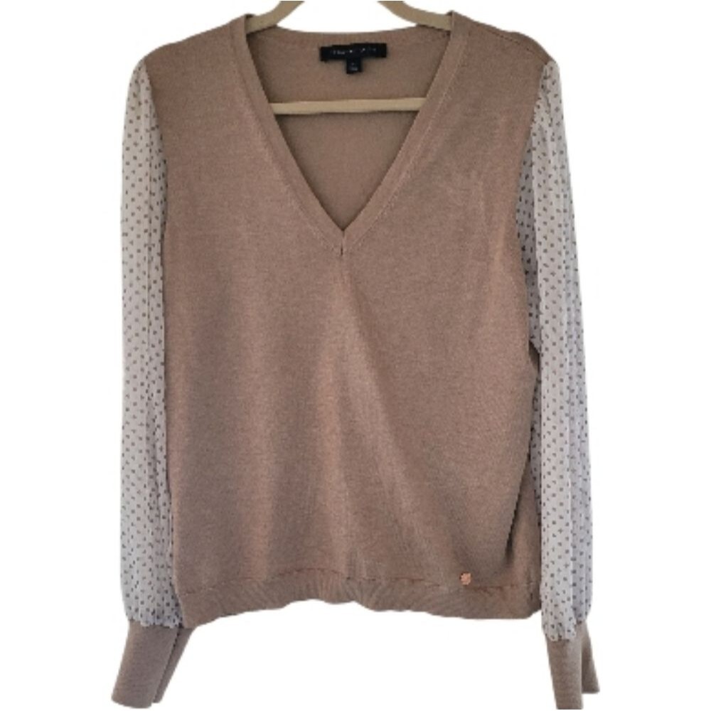 Women's Tommy Hilfiger Tan V-Neck Sweater with Polka Dot Sleeves